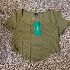 SHEIN Green Fitted Crop Blouse Short Sleeve